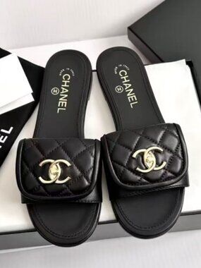 Chanel Black Quilted Turnlock Flat Sandals